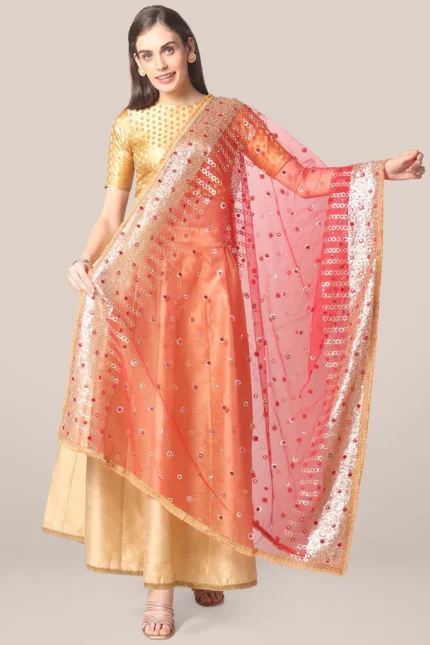 Red Net Dupatta with Sequins & Mirror Work