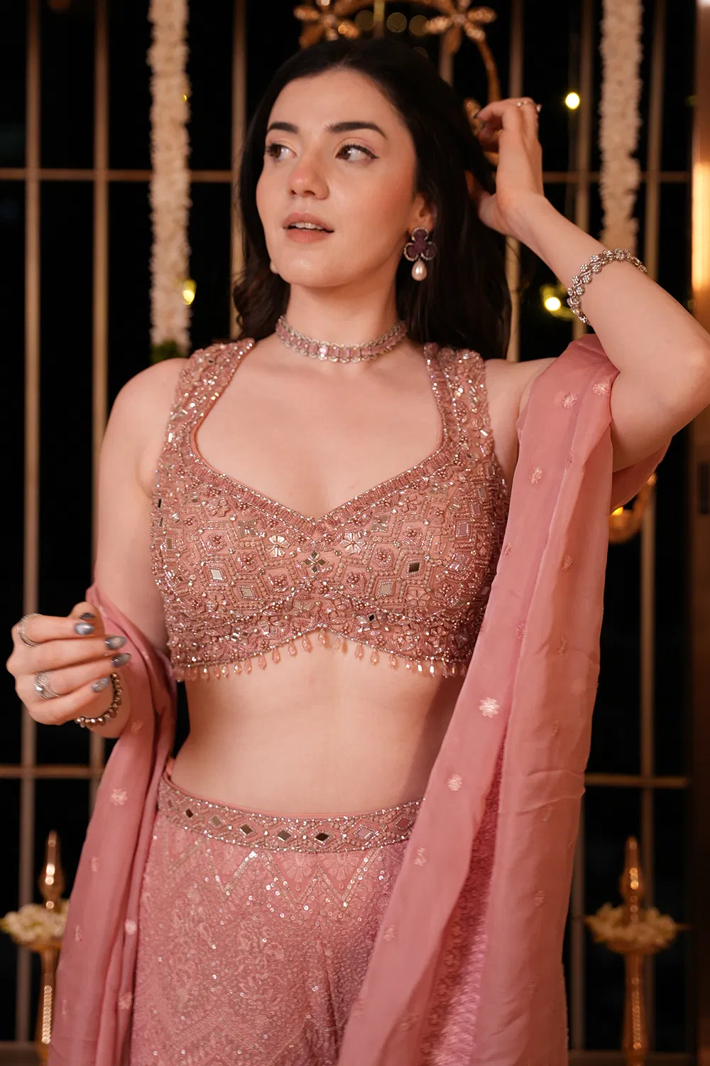 PINK FIT TO FLARE PALAZZO PANT SET AND A HAND EMBROIDERED BLOUSE and DUPATTA - Image 5