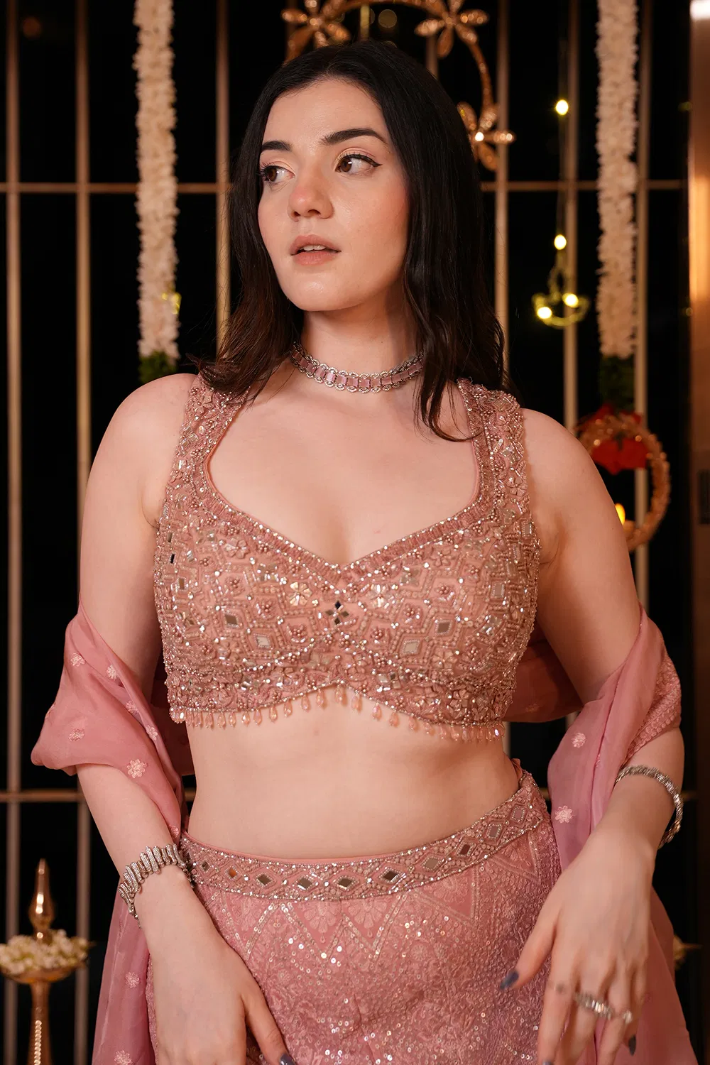 PINK FIT TO FLARE PALAZZO PANT SET AND A HAND EMBROIDERED BLOUSE and DUPATTA - Image 6