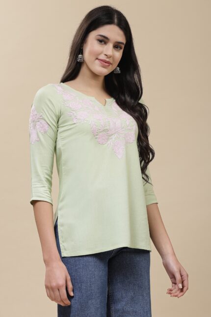 Heer Kashmiri Pastel Green Kurti
