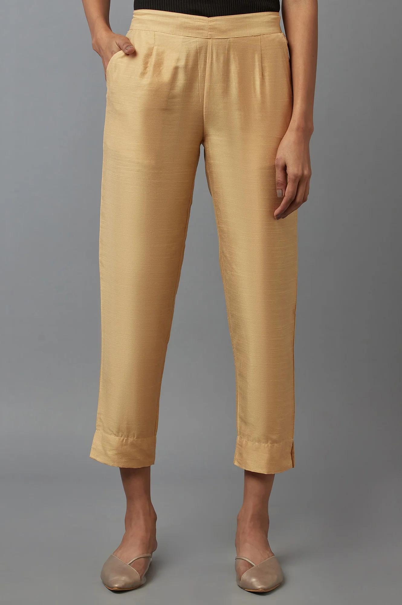 Regular Fit Solid Straight Fit Woven Trousers With Elasticated Waistband