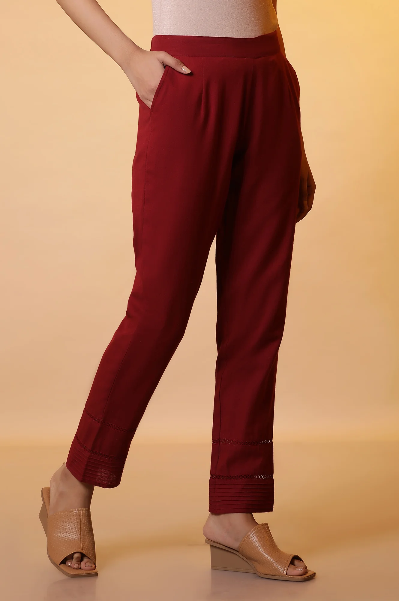 Maroon Lace Insert Pintuck Trousers - Image 6
