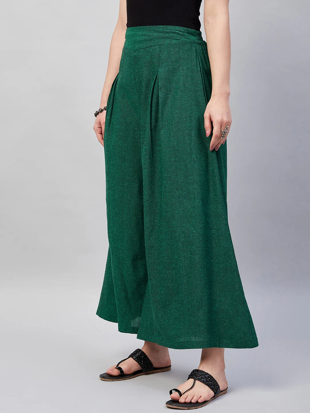 Bottle Green Smart Casual Handloom Palazzo - Image 4