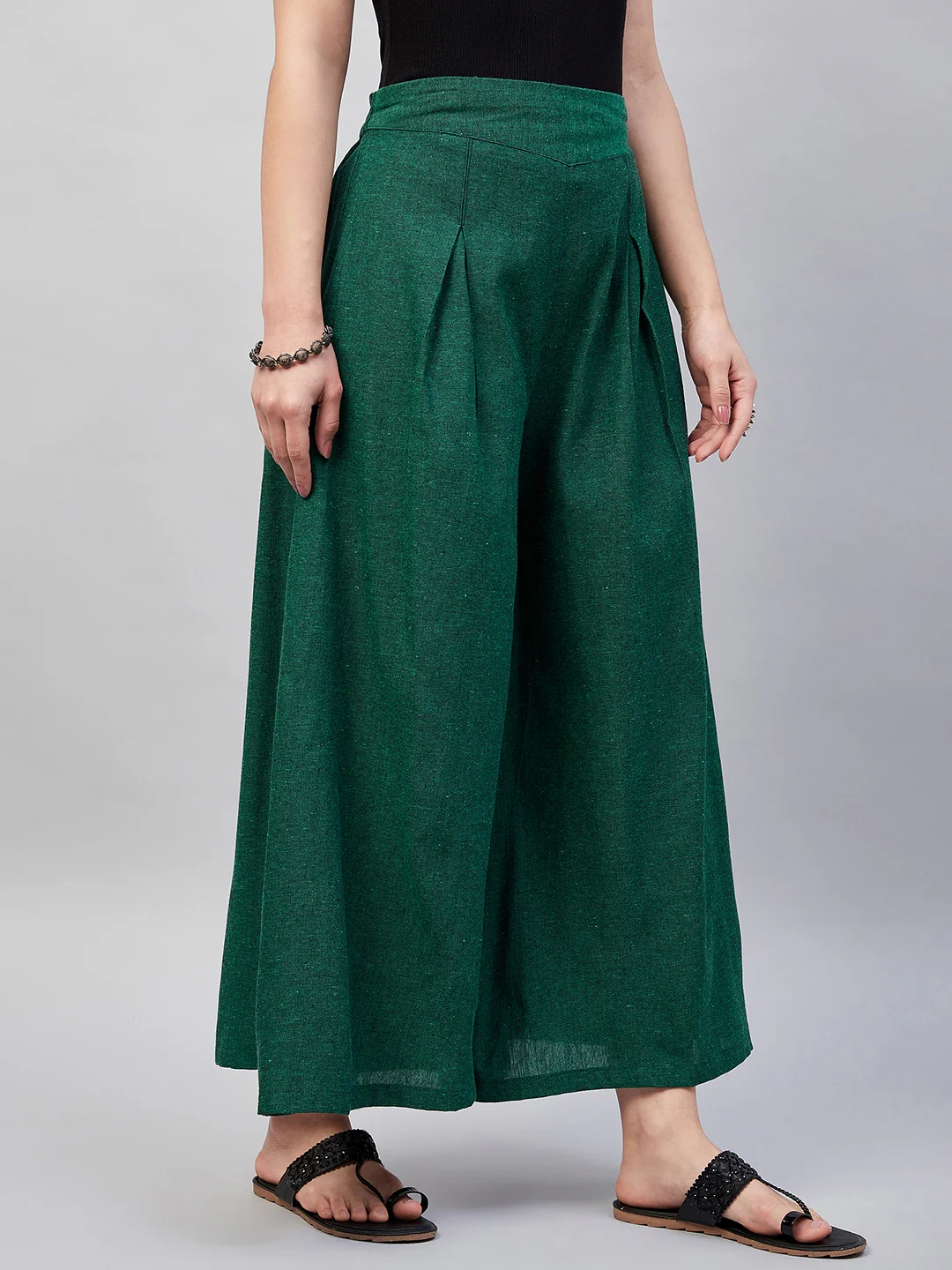 Bottle Green Smart Casual Handloom Palazzo - Image 5