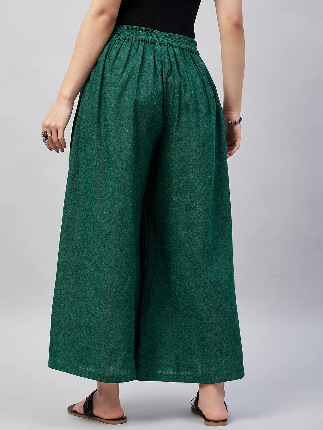 Bottle Green Smart Casual Handloom Palazzo - Image 6