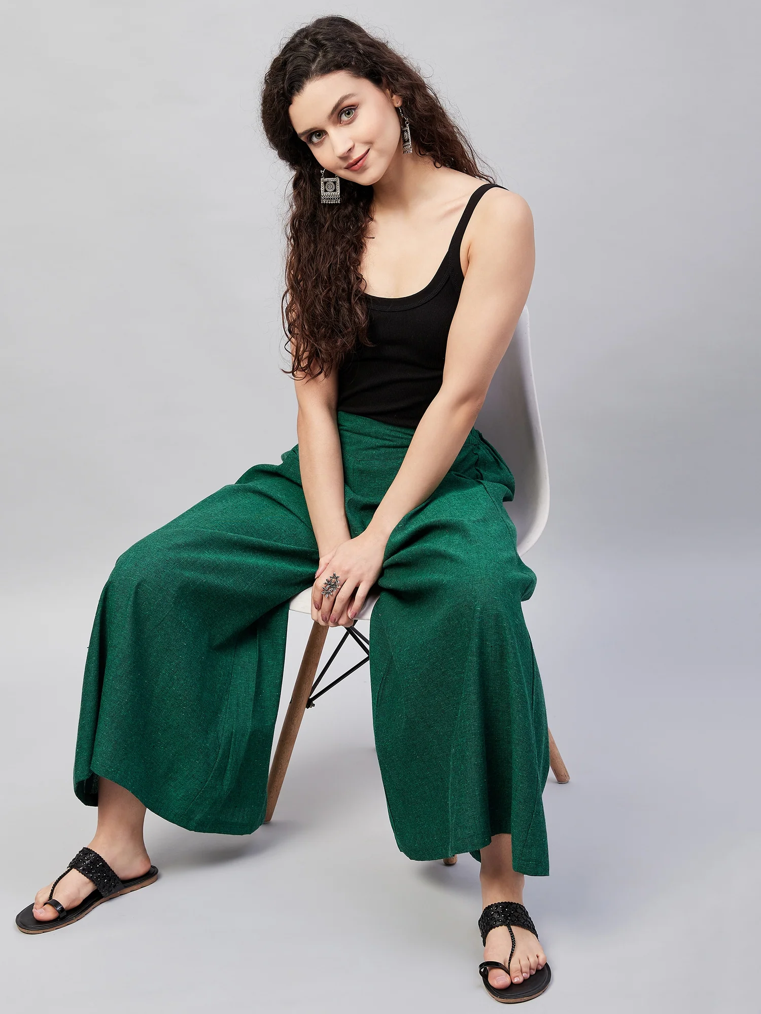 Bottle Green Smart Casual Handloom Palazzo - Image 8
