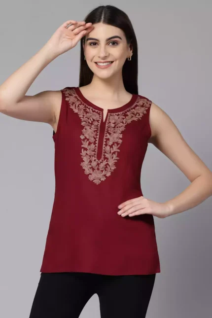 Amaira Maroon Sleeveless Short Kurti