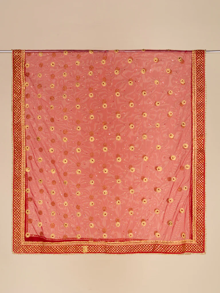 Embroidered Red Bridal & Wedding Wear Net Dupatta - Image 7