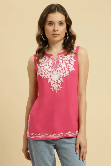 Pink Sleeveless Short Kurti