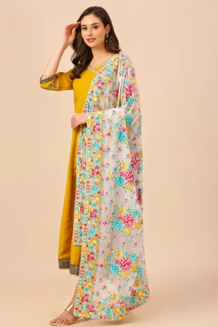 Floral Embroidered White & Multi Georgette Dupatta