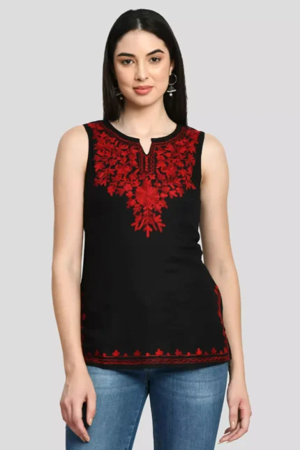 Black Kashmiri Sleeveless Short Kurti
