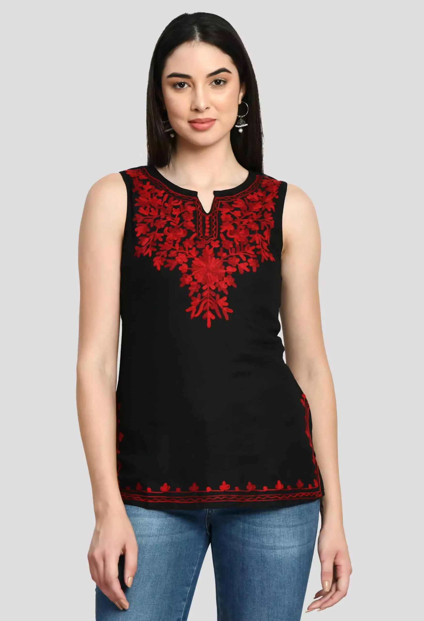 Black Kashmiri Sleeveless Short Kurti