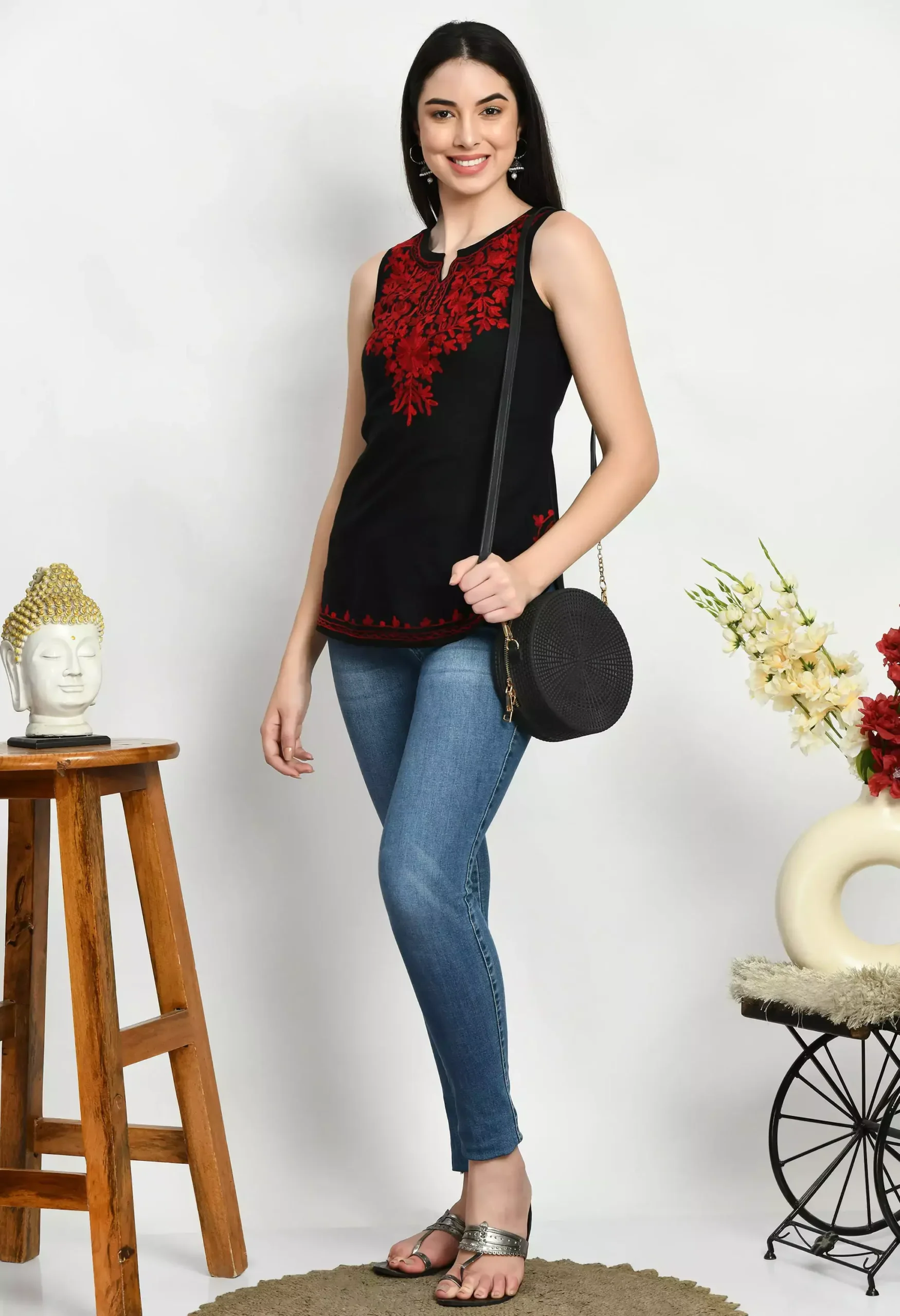 Black Kashmiri Sleeveless Short Kurti - Image 5