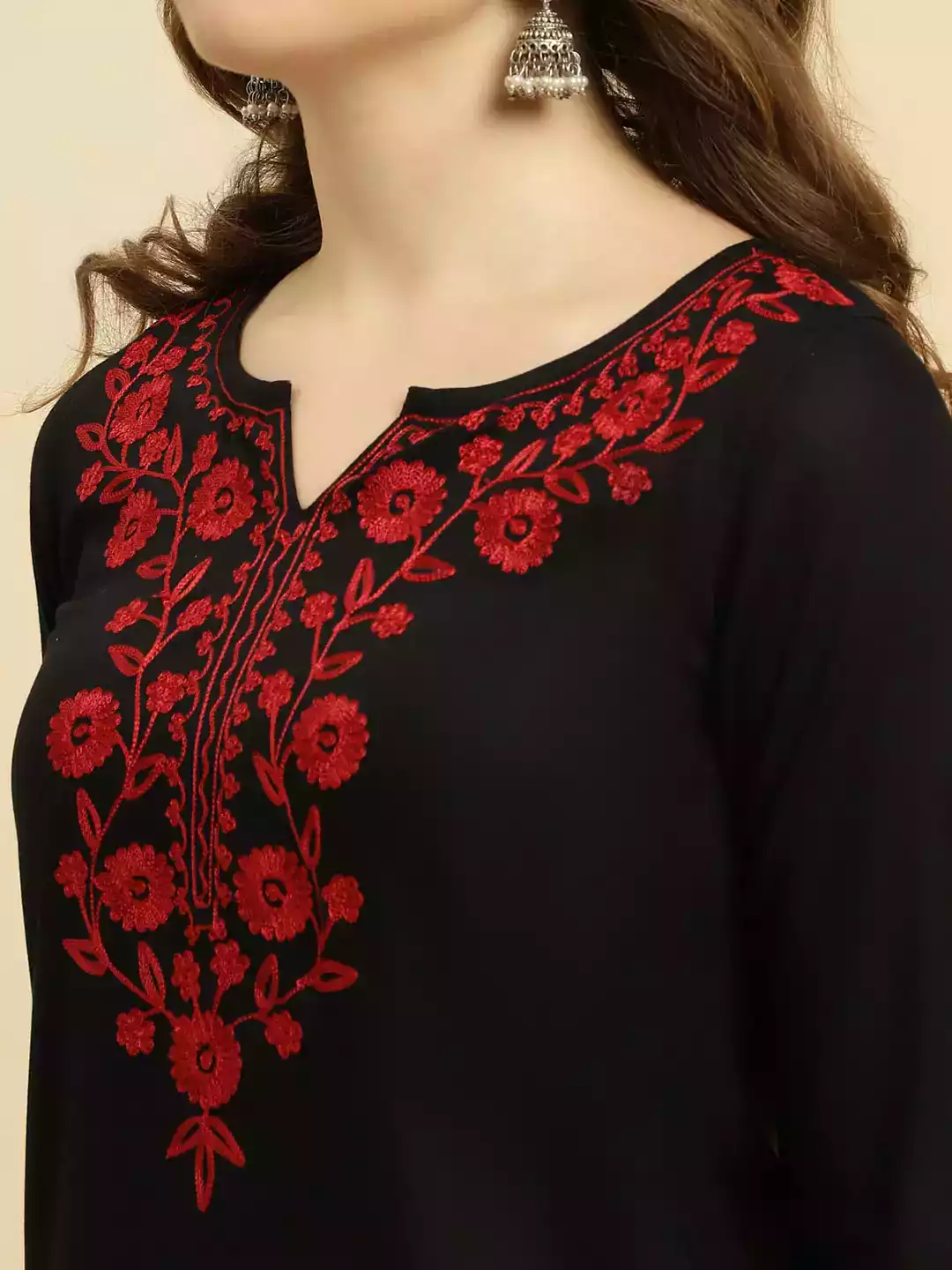Black Kashmiri Silk Work Short Kurti - Image 5