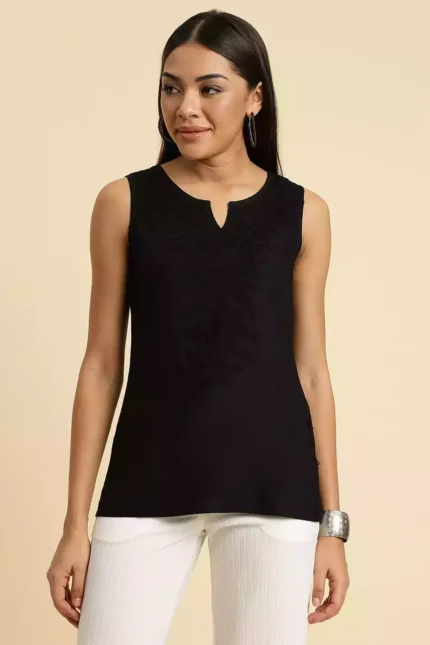 Black Self-Embroidered Sleeveless Short Kurti