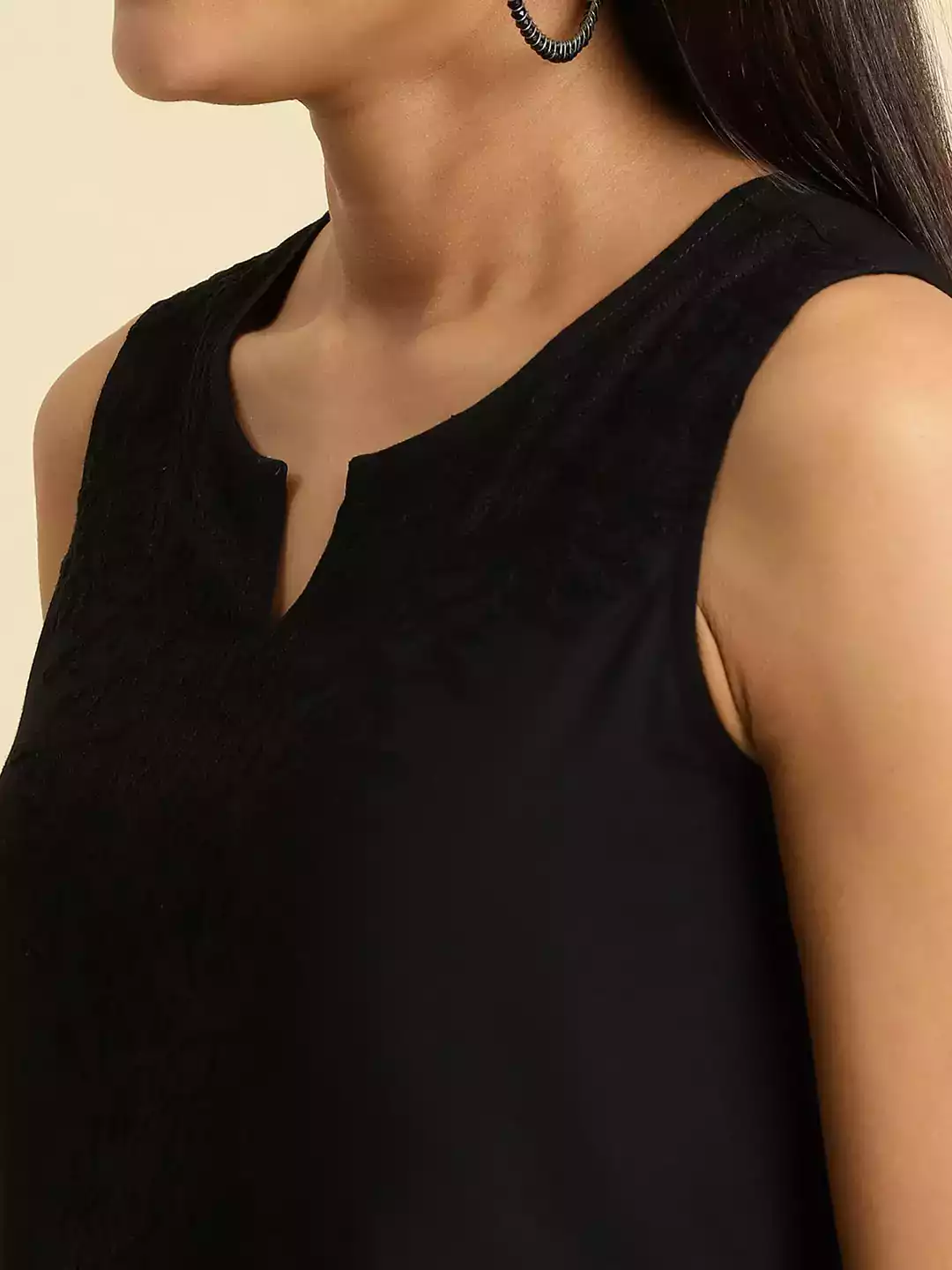 Black Self-Embroidered Sleeveless Short Kurti - Image 6