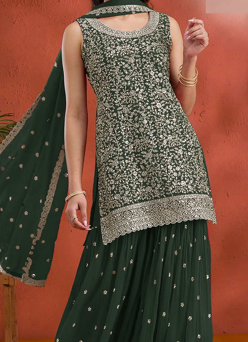 Red Georgette Embroidered Sequin Palazzo Set Festive Wear - Image 3