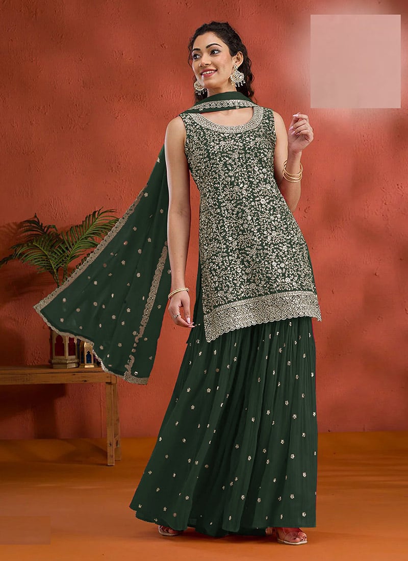Red Georgette Embroidered Sequin Palazzo Set Festive Wear - Image 4