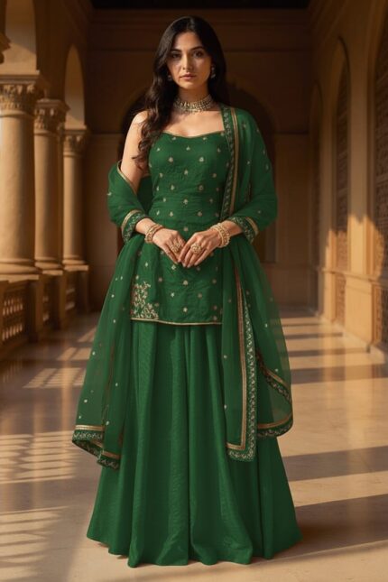 Green Organza Sequins Moti Hand Embroidered Palazzo Suit Festive Wear