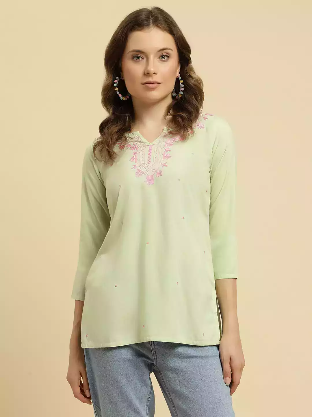 Pista Green Pashmina Work Short Kurti