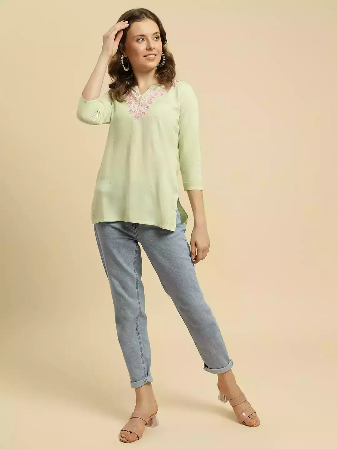 Pista Green Pashmina Work Short Kurti - Image 3