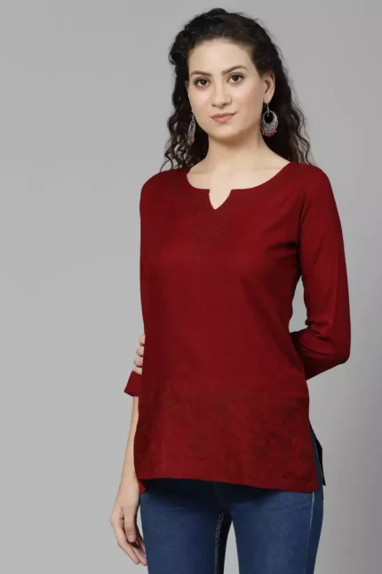 Hiba Maroon Self Embroidered Short Kurti