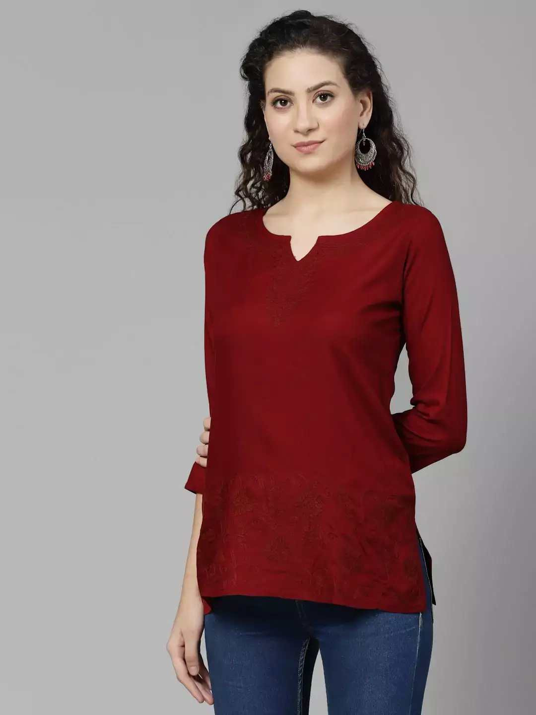 Hiba Maroon Self Embroidered Short Kurti