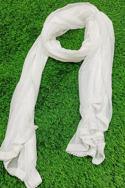 Plain White Chiffon Dupatta With Crochet lace Border