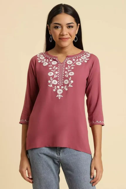 Pink Kashmiri Silk Work Short Kurti