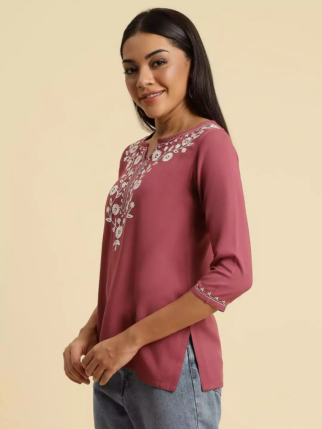 Pink Kashmiri Silk Work Short Kurti - Image 6