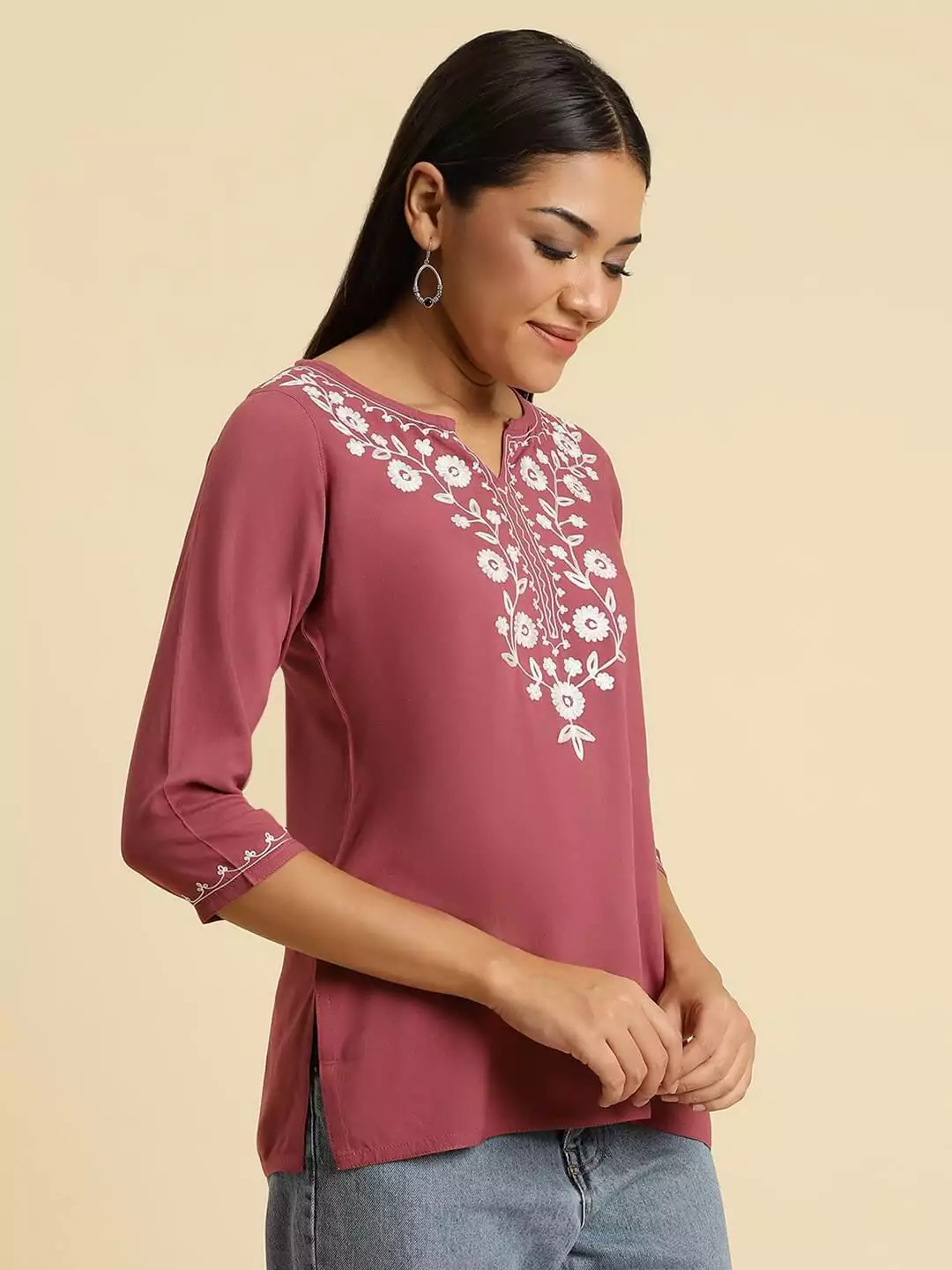 Pink Kashmiri Silk Work Short Kurti - Image 7