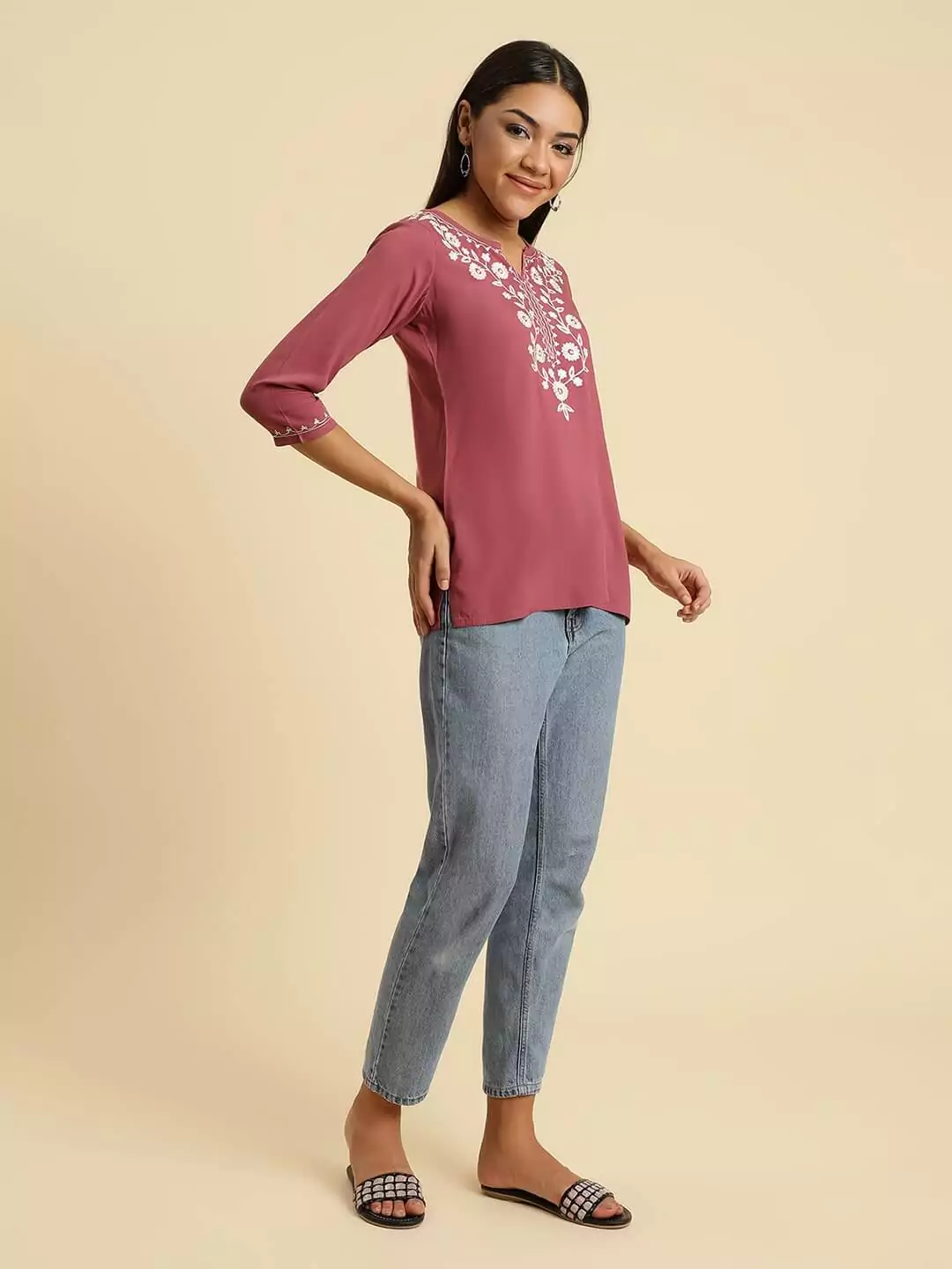 Pink Kashmiri Silk Work Short Kurti - Image 3