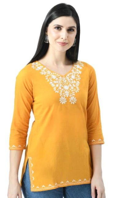 Mustard Yellow Resham Work Short Kurti