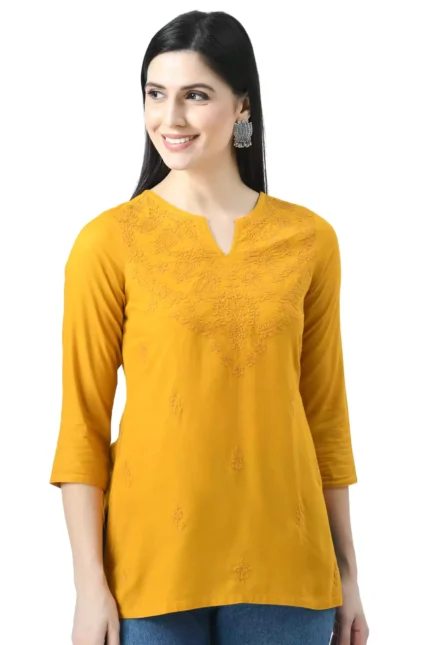 Mustard Self Chikankari Short Kurti