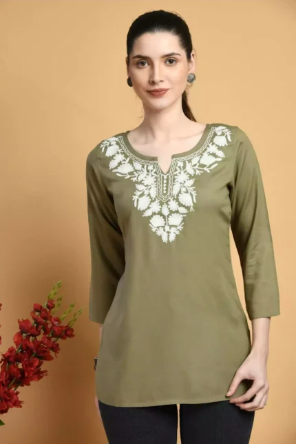 Olive Colored Kashmiri Short Kurti