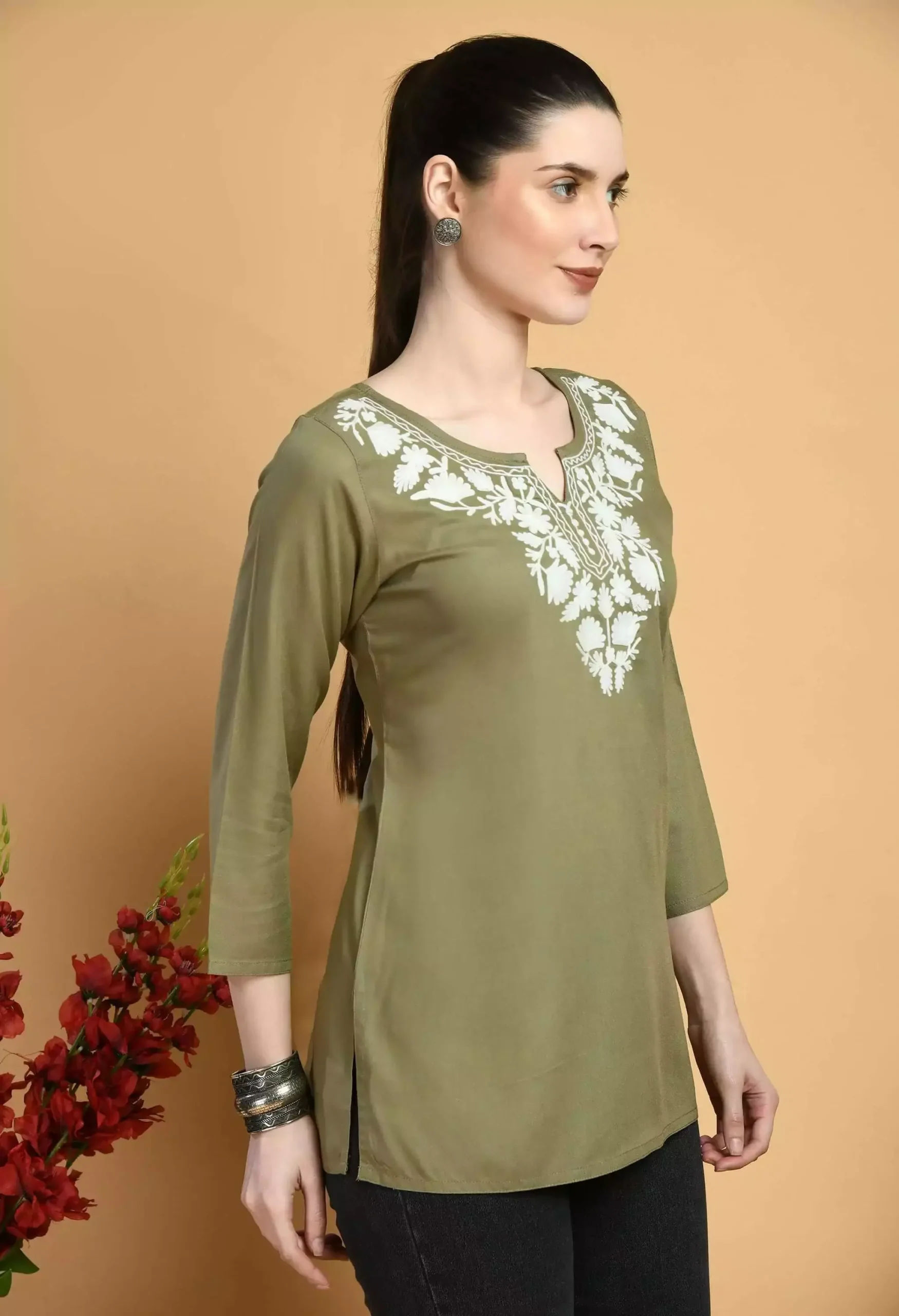 Olive Colored Kashmiri Short Kurti - Image 7