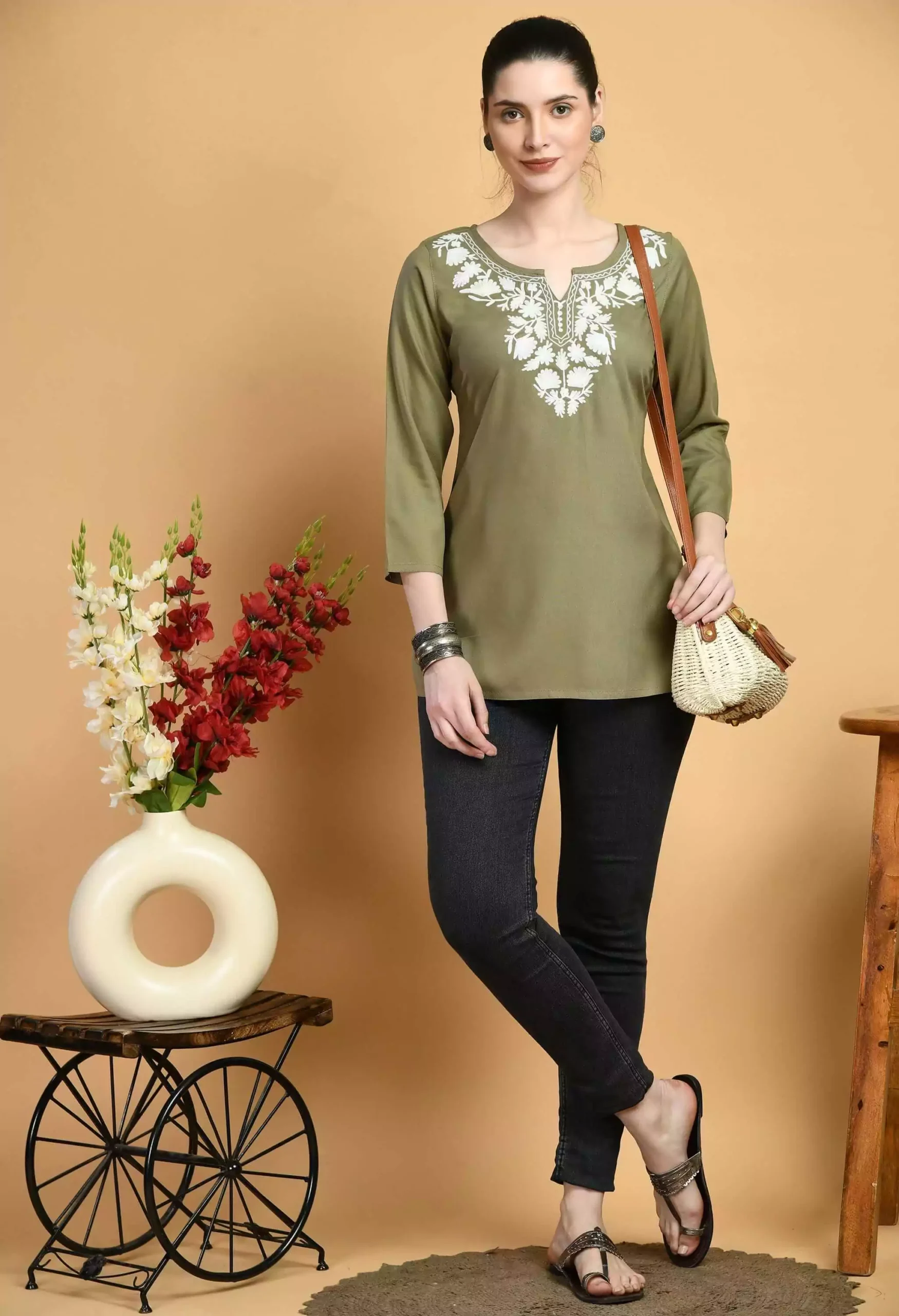 Olive Colored Kashmiri Short Kurti - Image 3