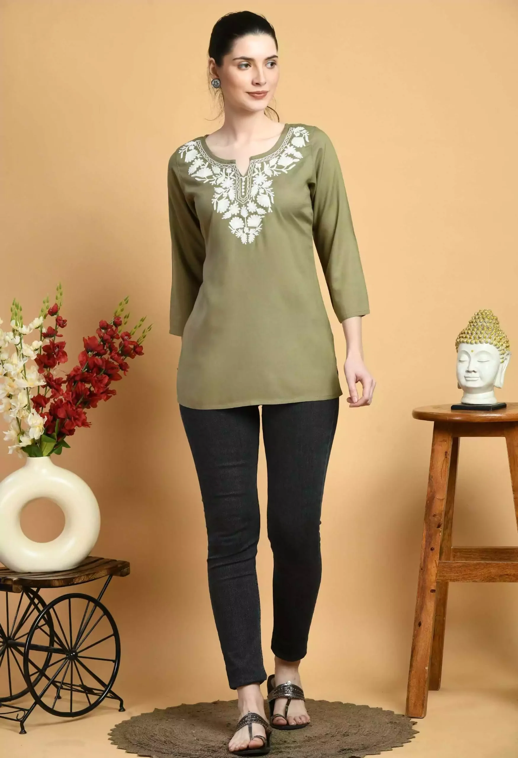Olive Colored Kashmiri Short Kurti - Image 4