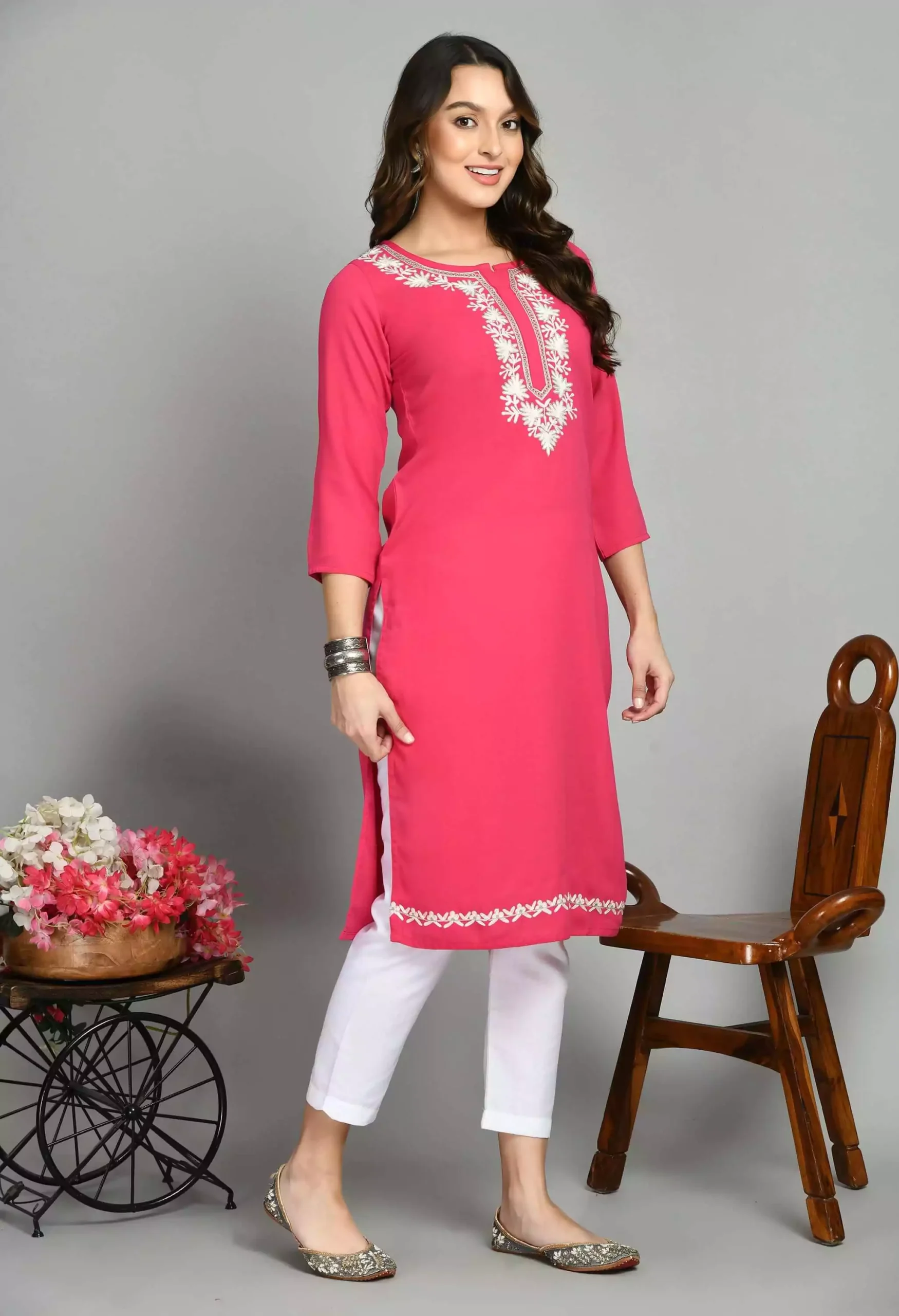 Pink Zari Work Kashmiri Kurti - Image 5