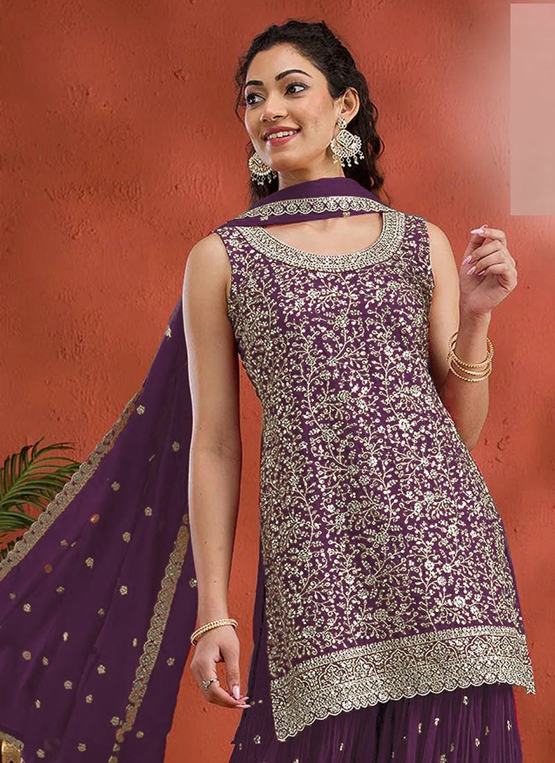 Red Georgette Embroidered Sequin Palazzo Set Festive Wear - Image 5