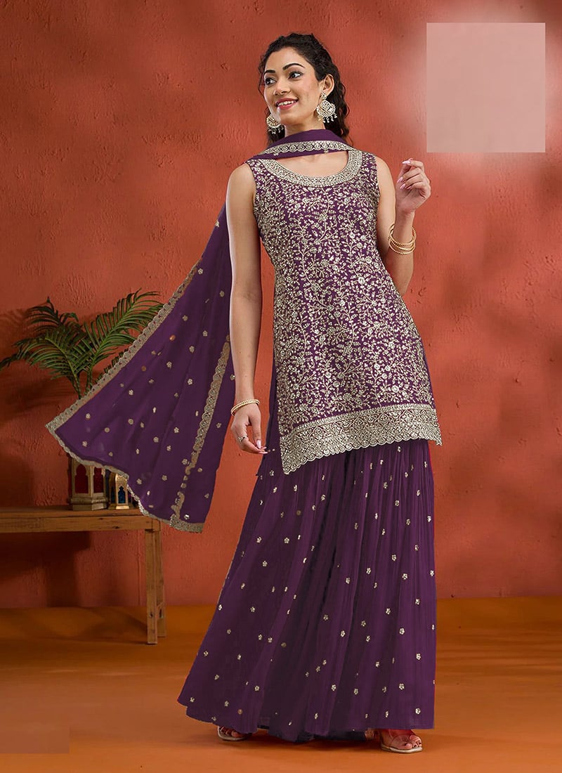 Red Georgette Embroidered Sequin Palazzo Set Festive Wear - Image 7