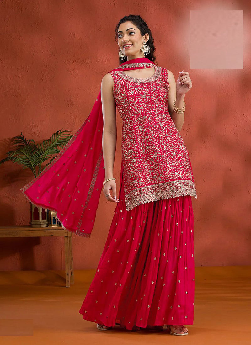 Red Georgette Embroidered Sequin Palazzo Set Festive Wear - Image 10