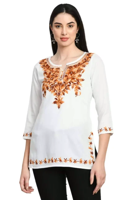 White Kashmiri Embroidered Short Kurti