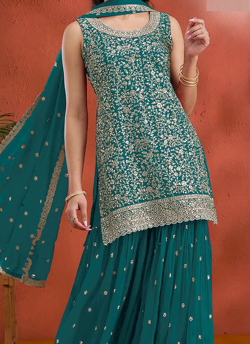 Red Georgette Embroidered Sequin Palazzo Set Festive Wear - Image 12