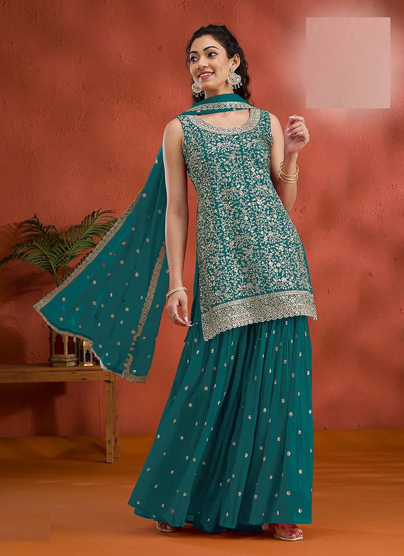 Red Georgette Embroidered Sequin Palazzo Set Festive Wear - Image 13