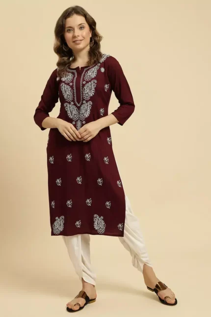 Wine Chikankari Kurti