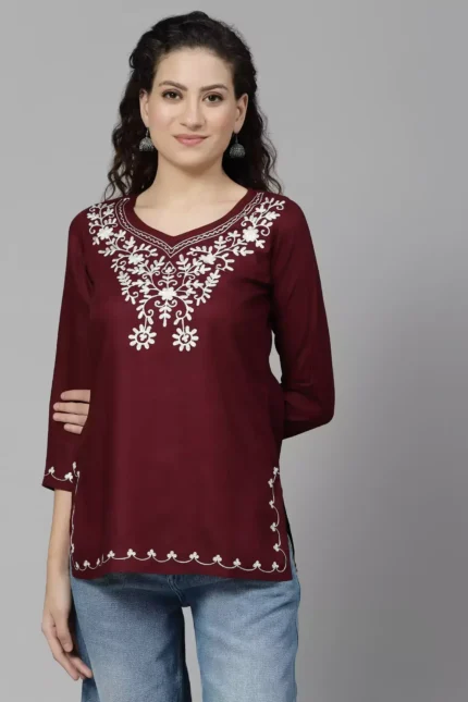Wine Colored Resham Work Short Kurti