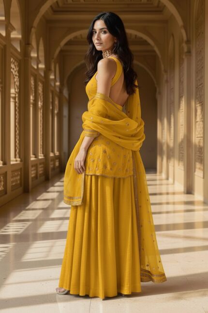 Yellow Organza Sequins Moti Hand Embroidered Palazzo Suit Festive Wear