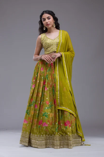 Mehendi Sequins Georgette Readymade Lehenga