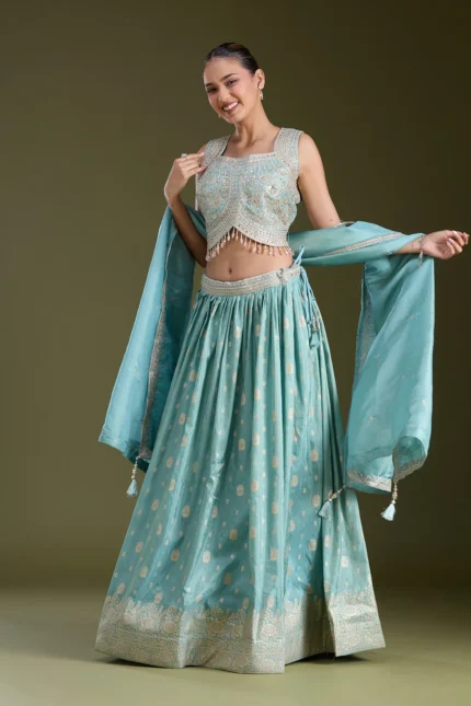 Sky Blue Sequins Banarasi Readymade Lehenga
